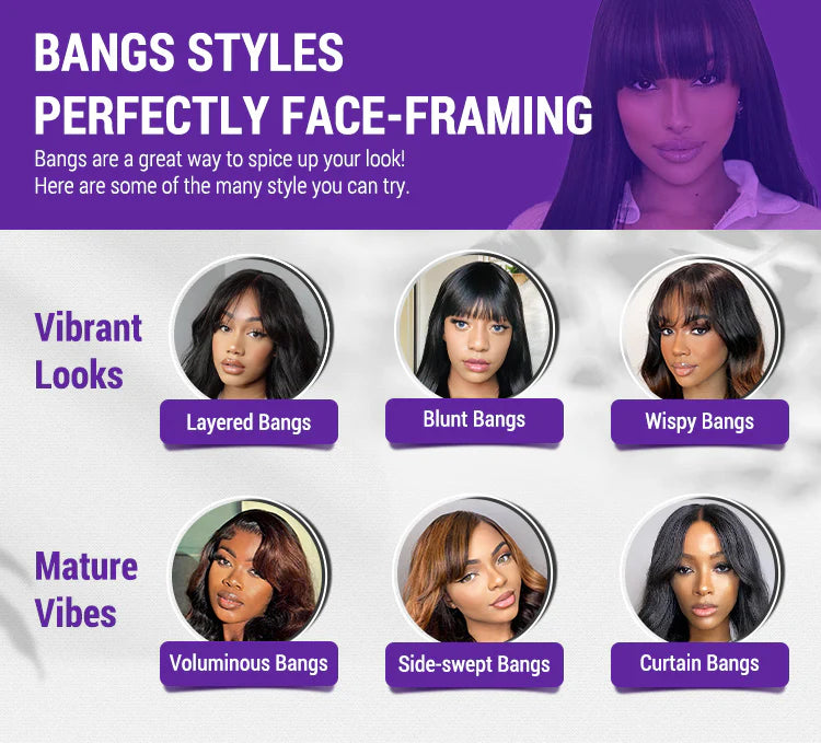 Brown Mix Black / Natural Black C Part Glueless Loose Wave 5x5 Closure Wig with Bangs 100% Human Hair