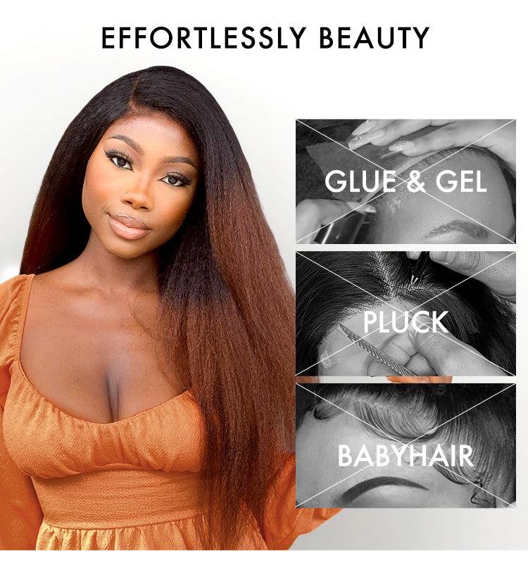 4C Edges | Kinky Edges Black to Brown Ombre Kinky Straight 5x5 Closure Lace Glueless Side Part Long Wig