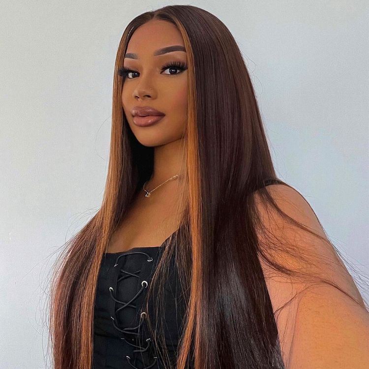 Limited Design  Brown Blonde Mix Silky Straight 5x5 Closure HD Lace Glueless Long Wig 100% Human Hair