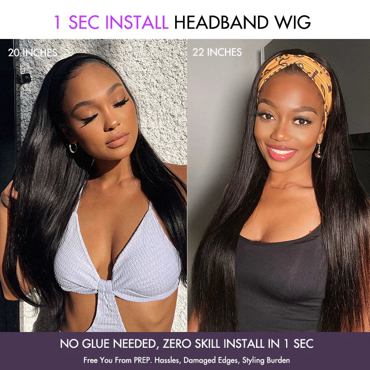 Put On & Go Silky Straight Headband Wig Beginner Friendly 100% Human Hair (Get Free Trendy Headbands)