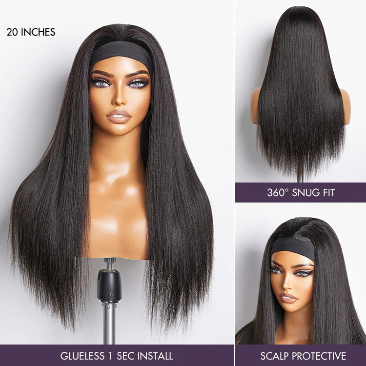 Put On & Go Silky Straight Headband Wig Beginner Friendly 100% Human Hair (Get Free Trendy Headbands)