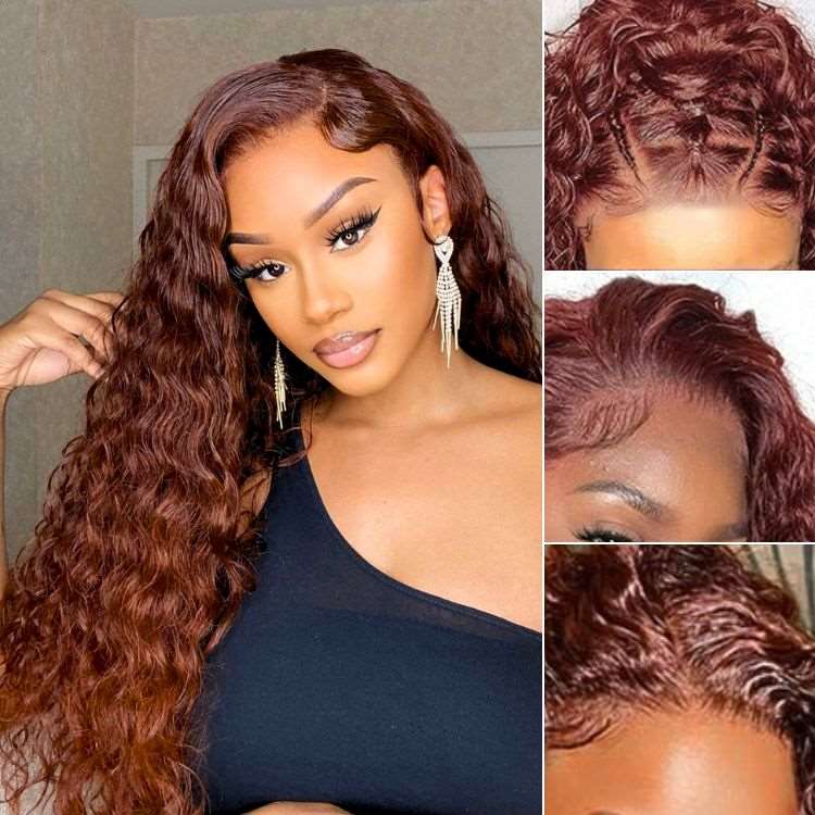 Glueless Reddish Brown Water Wave Lace Wigs