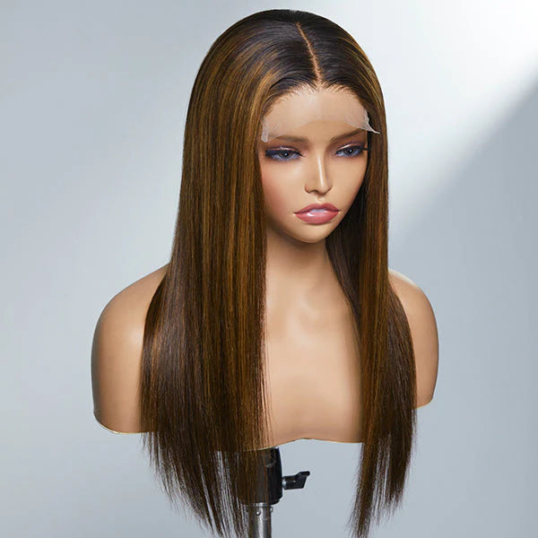 Limited Design  Brown Blonde Mix Silky Straight 5x5 Closure HD Lace Glueless Long Wig 100% Human Hair