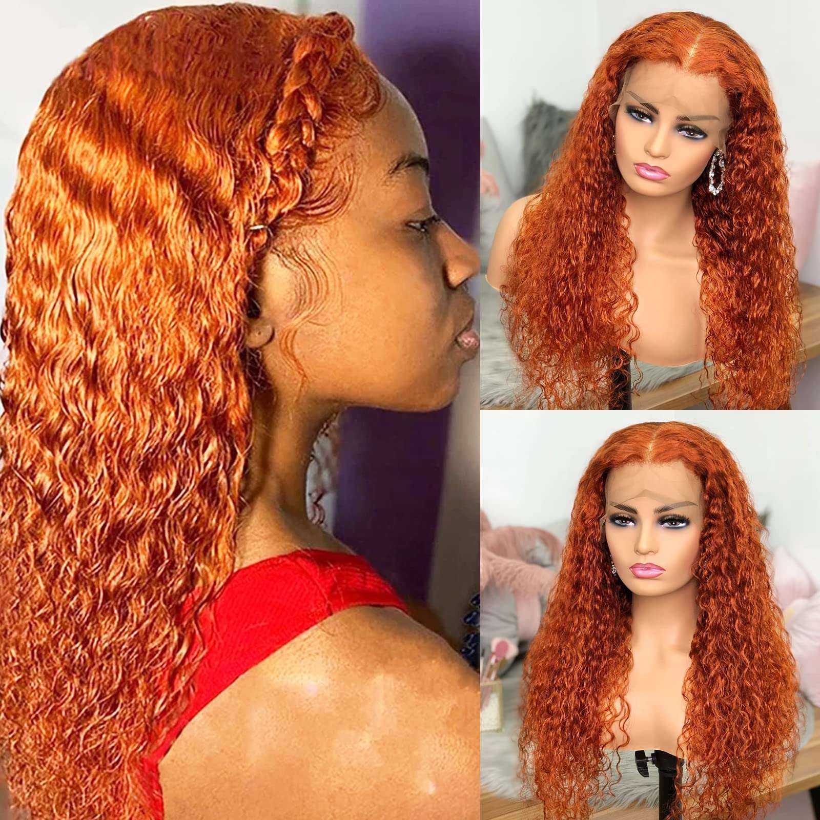 Orange Curly Lace Front Wig Water Wave 13x4