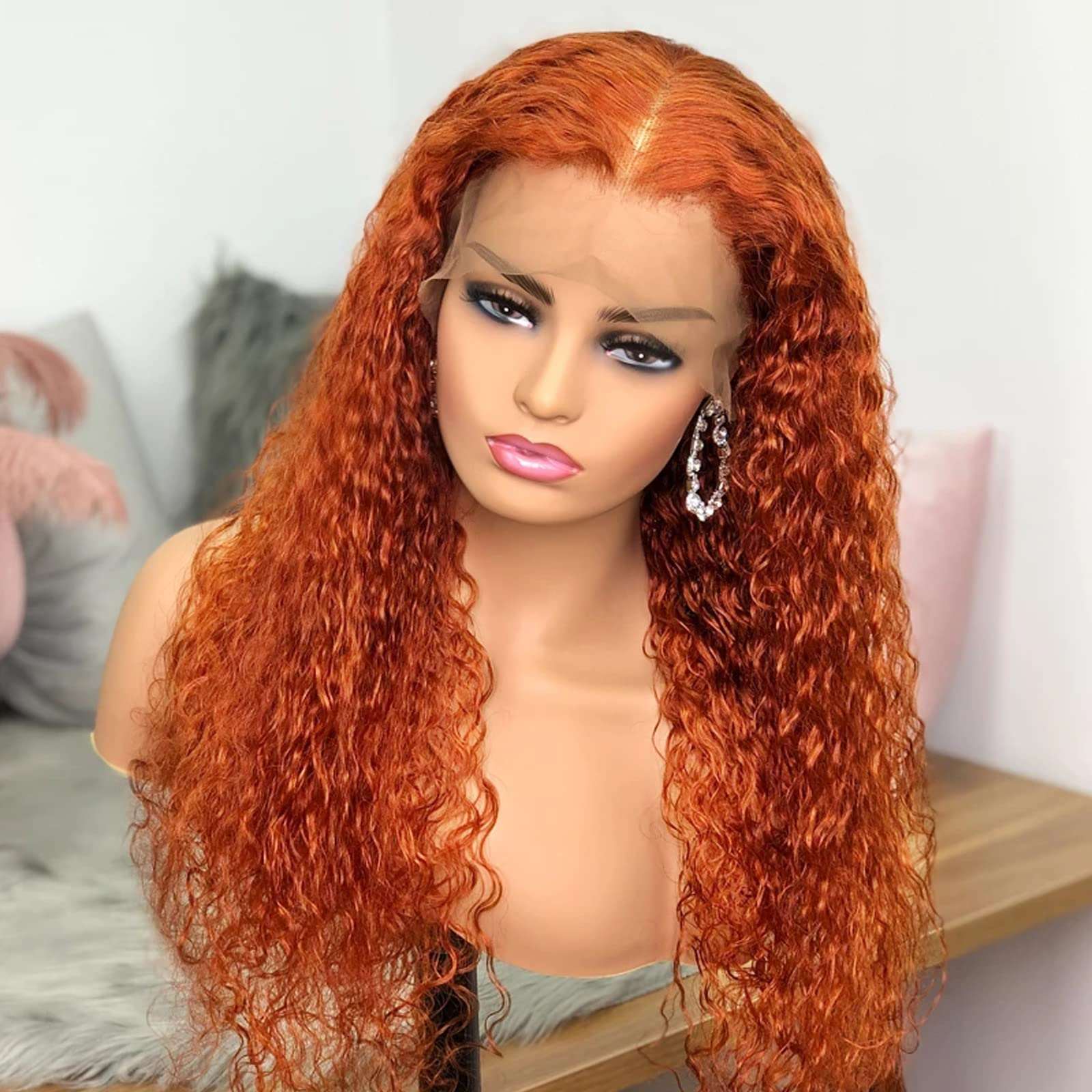 Orange Curly Lace Front Wig Water Wave 13x4
