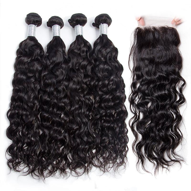 Indian Virgin Remy Water Wave Human Hair 4 Bundles With Closure
